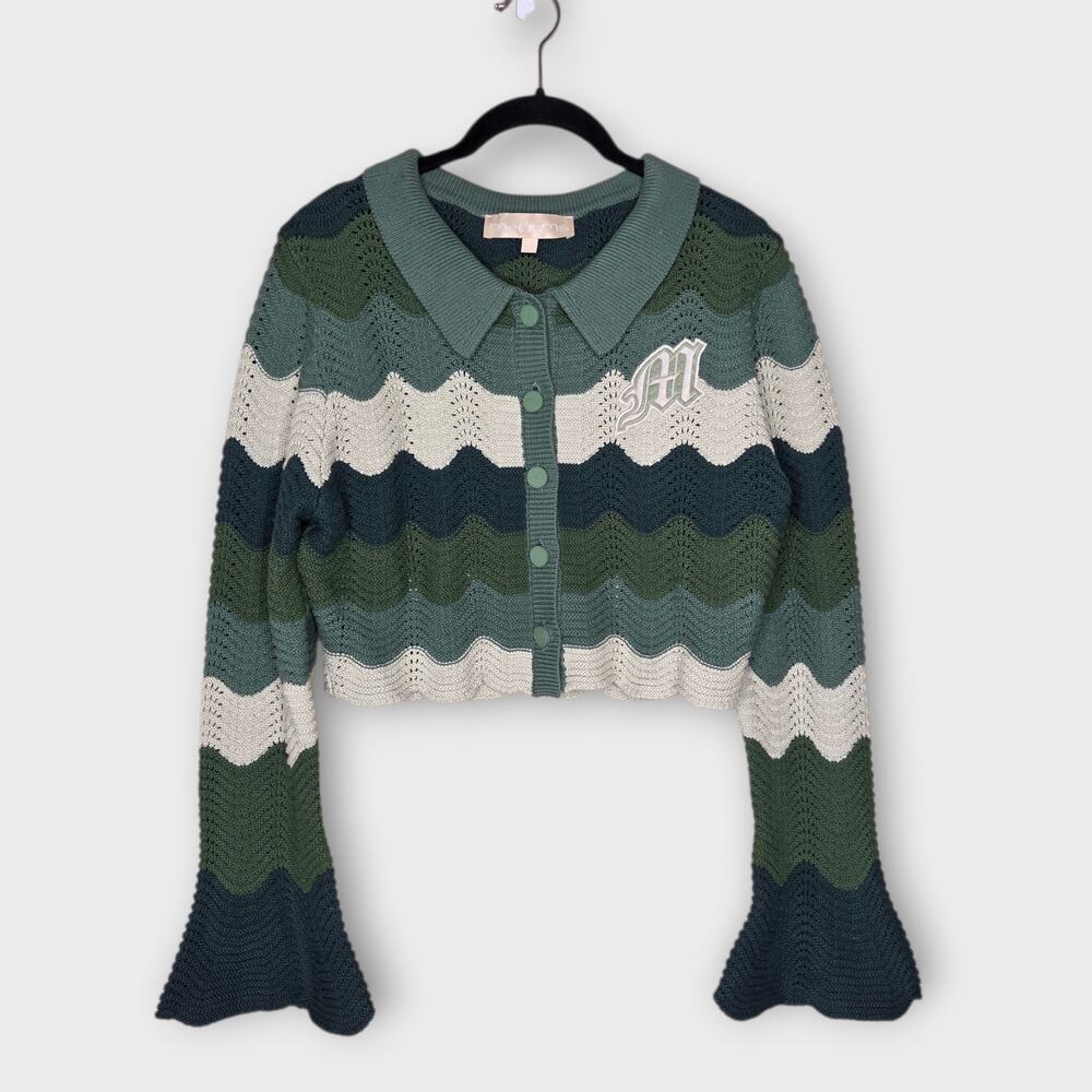 Mediums Green Wavy Knitted Cropped Crochet Cardigan Logo EmbroideredWomen's Lg